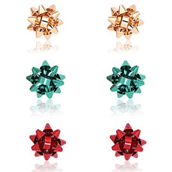 3x Christmas Bow Stud Earrings, Red, Gold, & Green - Picture 6 of 6